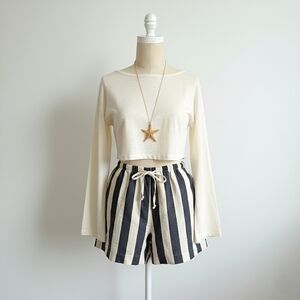 H&M Striped Navy Blue And Off White Linen Blend Shorts With Bow Tie